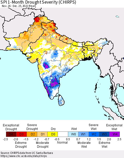 Southern Asia SPI 1-Month Drought Severity (CHIRPS) Thematic Map For 11/26/2022 - 12/25/2022