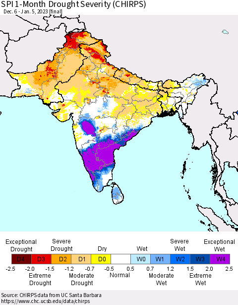 Southern Asia SPI 1-Month Drought Severity (CHIRPS) Thematic Map For 12/6/2022 - 1/5/2023