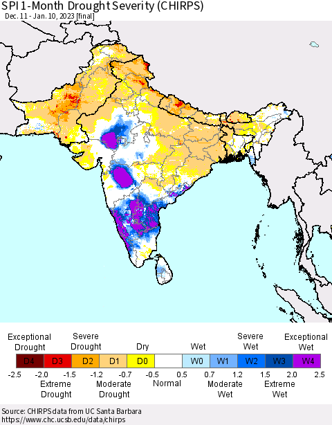 Southern Asia SPI 1-Month Drought Severity (CHIRPS) Thematic Map For 12/11/2022 - 1/10/2023