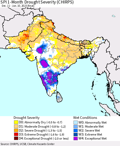 Southern Asia SPI 1-Month Drought Severity (CHIRPS) Thematic Map For 12/11/2022 - 1/10/2023