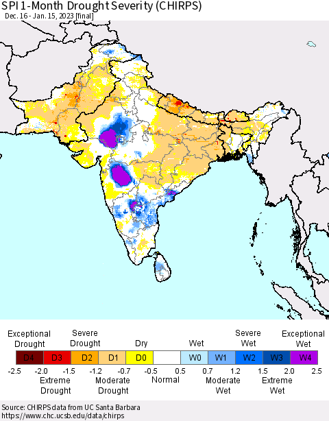 Southern Asia SPI 1-Month Drought Severity (CHIRPS) Thematic Map For 12/16/2022 - 1/15/2023