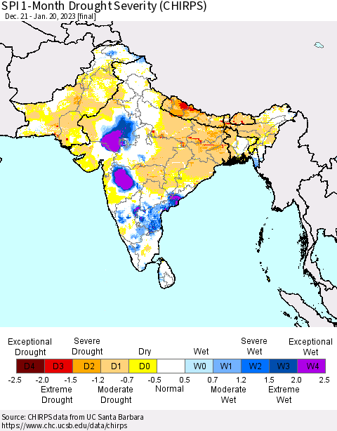 Southern Asia SPI 1-Month Drought Severity (CHIRPS) Thematic Map For 12/21/2022 - 1/20/2023