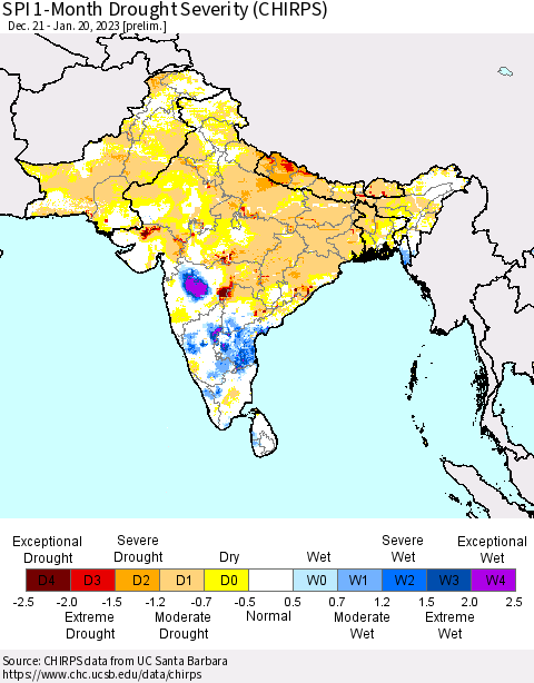 Southern Asia SPI 1-Month Drought Severity (CHIRPS) Thematic Map For 12/21/2022 - 1/20/2023