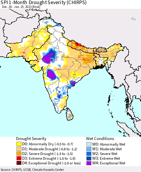 Southern Asia SPI 1-Month Drought Severity (CHIRPS) Thematic Map For 12/26/2022 - 1/25/2023