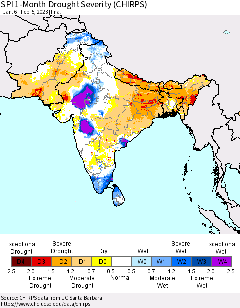 Southern Asia SPI 1-Month Drought Severity (CHIRPS) Thematic Map For 1/6/2023 - 2/5/2023
