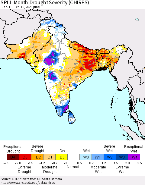 Southern Asia SPI 1-Month Drought Severity (CHIRPS) Thematic Map For 1/11/2023 - 2/10/2023