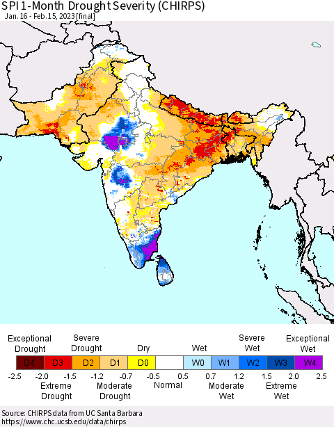 Southern Asia SPI 1-Month Drought Severity (CHIRPS) Thematic Map For 1/16/2023 - 2/15/2023