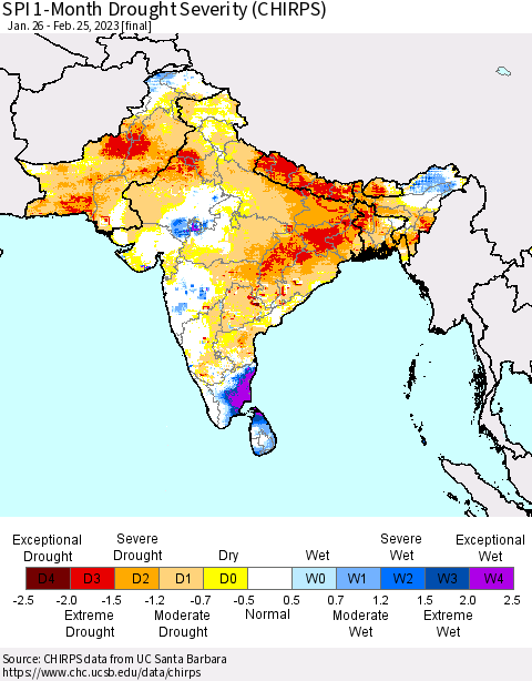 Southern Asia SPI 1-Month Drought Severity (CHIRPS) Thematic Map For 1/26/2023 - 2/25/2023