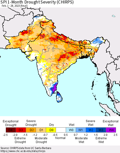 Southern Asia SPI 1-Month Drought Severity (CHIRPS) Thematic Map For 2/1/2023 - 2/28/2023