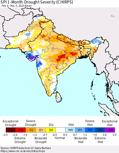 Southern Asia SPI 1-Month Drought Severity (CHIRPS) Thematic Map For 2/6/2023 - 3/5/2023