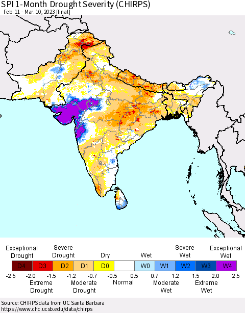 Southern Asia SPI 1-Month Drought Severity (CHIRPS) Thematic Map For 2/11/2023 - 3/10/2023