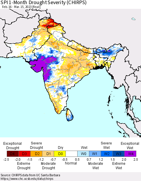 Southern Asia SPI 1-Month Drought Severity (CHIRPS) Thematic Map For 2/16/2023 - 3/15/2023
