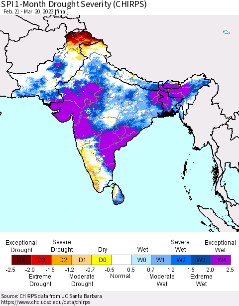 Southern Asia SPI 1-Month Drought Severity (CHIRPS) Thematic Map For 2/21/2023 - 3/20/2023