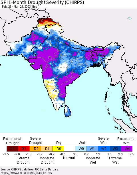Southern Asia SPI 1-Month Drought Severity (CHIRPS) Thematic Map For 2/26/2023 - 3/25/2023