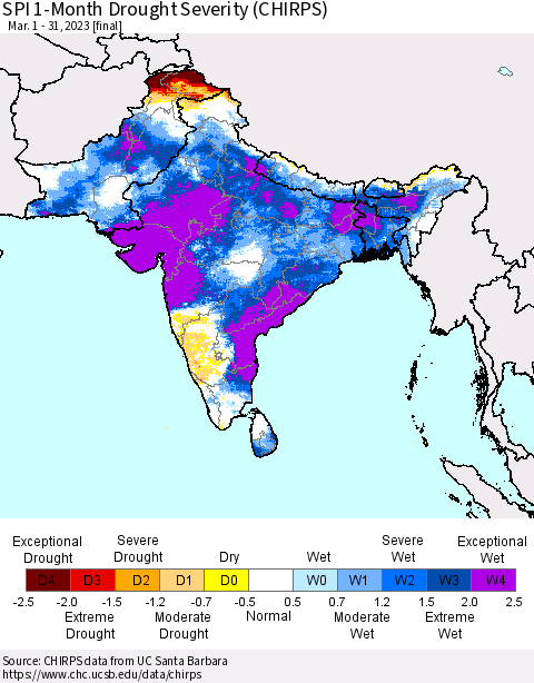 Southern Asia SPI 1-Month Drought Severity (CHIRPS) Thematic Map For 3/1/2023 - 3/31/2023