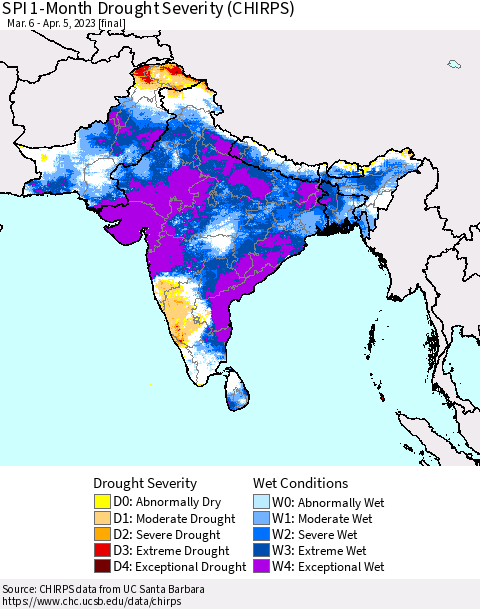 Southern Asia SPI 1-Month Drought Severity (CHIRPS) Thematic Map For 3/6/2023 - 4/5/2023