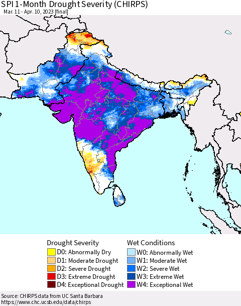 Southern Asia SPI 1-Month Drought Severity (CHIRPS) Thematic Map For 3/11/2023 - 4/10/2023