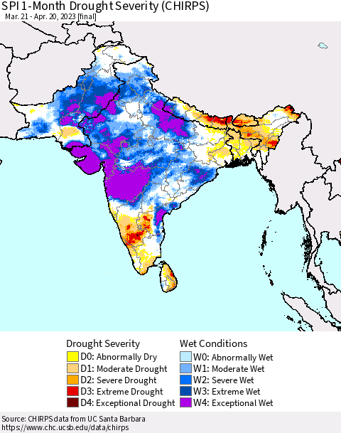 Southern Asia SPI 1-Month Drought Severity (CHIRPS) Thematic Map For 3/21/2023 - 4/20/2023