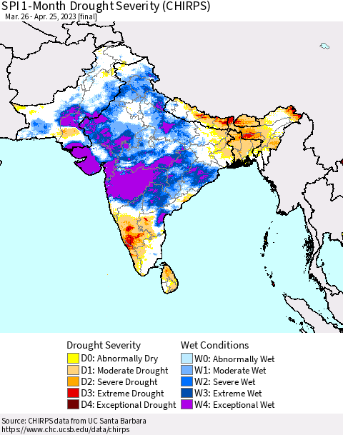 Southern Asia SPI 1-Month Drought Severity (CHIRPS) Thematic Map For 3/26/2023 - 4/25/2023