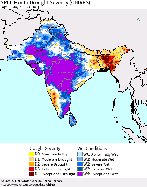 Southern Asia SPI 1-Month Drought Severity (CHIRPS) Thematic Map For 4/6/2023 - 5/5/2023
