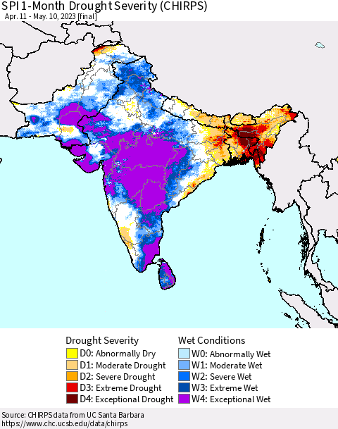 Southern Asia SPI 1-Month Drought Severity (CHIRPS) Thematic Map For 4/11/2023 - 5/10/2023