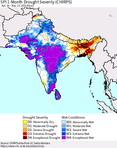 Southern Asia SPI 1-Month Drought Severity (CHIRPS) Thematic Map For 4/16/2023 - 5/15/2023