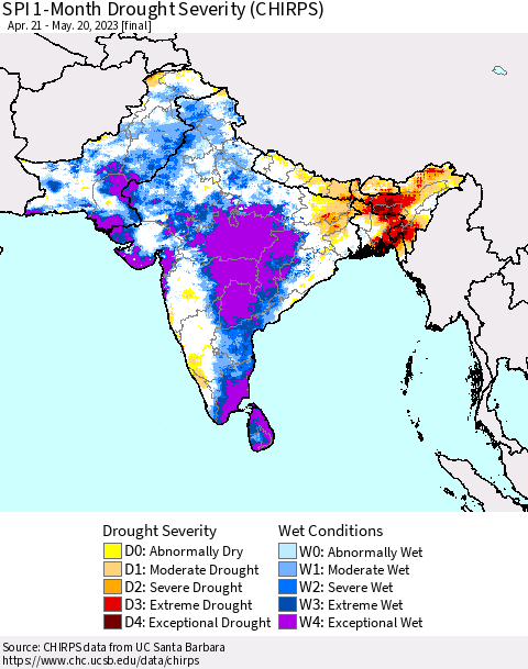 Southern Asia SPI 1-Month Drought Severity (CHIRPS) Thematic Map For 4/21/2023 - 5/20/2023