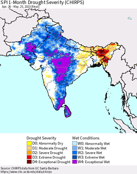 Southern Asia SPI 1-Month Drought Severity (CHIRPS) Thematic Map For 4/26/2023 - 5/25/2023