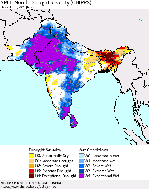 Southern Asia SPI 1-Month Drought Severity (CHIRPS) Thematic Map For 5/1/2023 - 5/31/2023