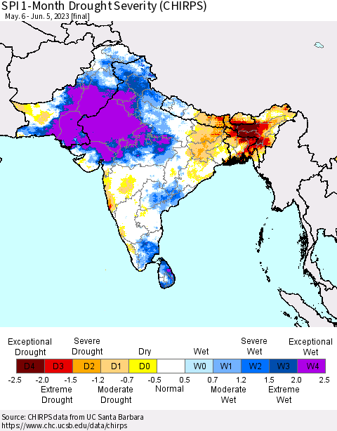 Southern Asia SPI 1-Month Drought Severity (CHIRPS) Thematic Map For 5/6/2023 - 6/5/2023