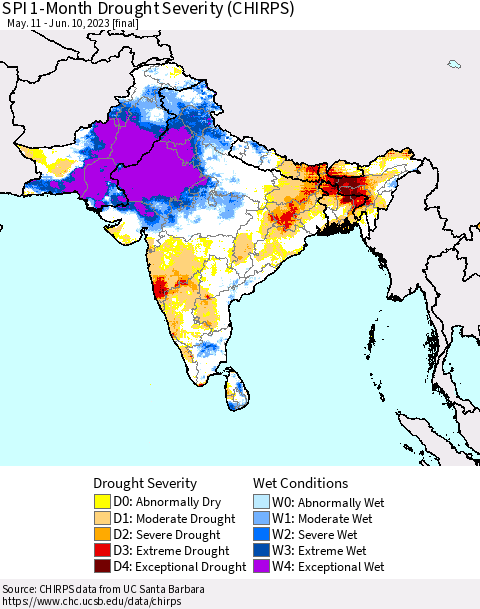 Southern Asia SPI 1-Month Drought Severity (CHIRPS) Thematic Map For 5/11/2023 - 6/10/2023