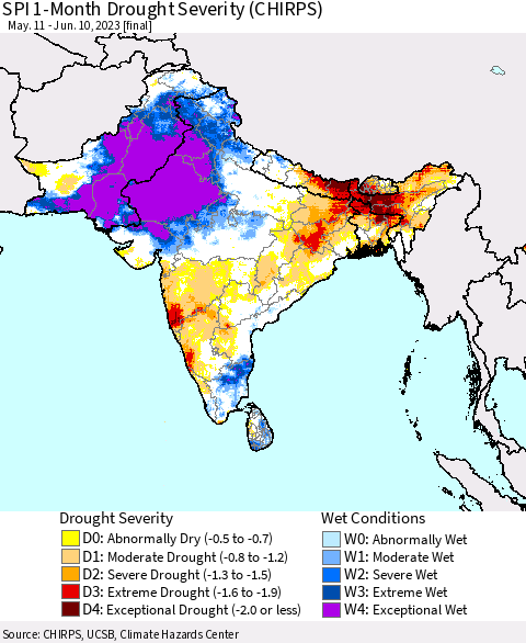 Southern Asia SPI 1-Month Drought Severity (CHIRPS) Thematic Map For 5/11/2023 - 6/10/2023