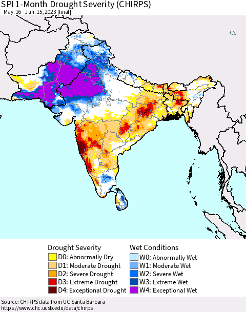 Southern Asia SPI 1-Month Drought Severity (CHIRPS) Thematic Map For 5/16/2023 - 6/15/2023
