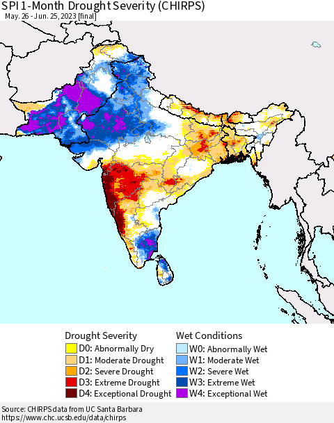 Southern Asia SPI 1-Month Drought Severity (CHIRPS) Thematic Map For 5/26/2023 - 6/25/2023