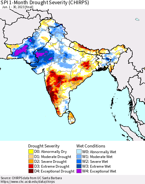 Southern Asia SPI 1-Month Drought Severity (CHIRPS) Thematic Map For 6/1/2023 - 6/30/2023