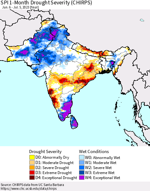Southern Asia SPI 1-Month Drought Severity (CHIRPS) Thematic Map For 6/6/2023 - 7/5/2023