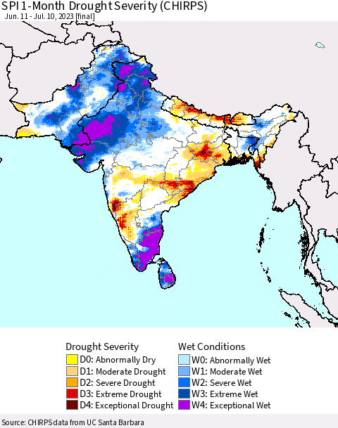 Southern Asia SPI 1-Month Drought Severity (CHIRPS) Thematic Map For 6/11/2023 - 7/10/2023