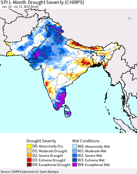 Southern Asia SPI 1-Month Drought Severity (CHIRPS) Thematic Map For 6/16/2023 - 7/15/2023