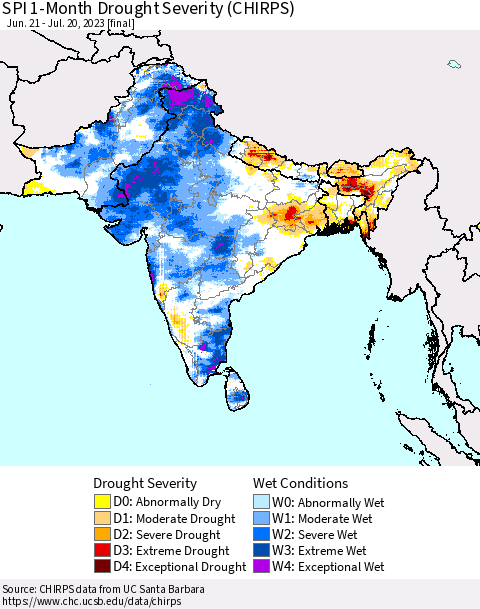 Southern Asia SPI 1-Month Drought Severity (CHIRPS) Thematic Map For 6/21/2023 - 7/20/2023