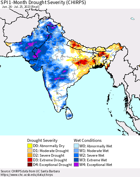 Southern Asia SPI 1-Month Drought Severity (CHIRPS) Thematic Map For 6/26/2023 - 7/25/2023