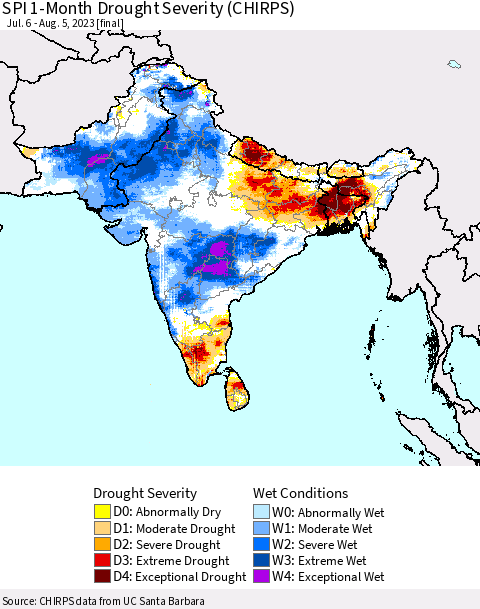 Southern Asia SPI 1-Month Drought Severity (CHIRPS) Thematic Map For 7/6/2023 - 8/5/2023