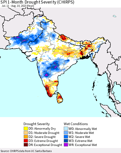 Southern Asia SPI 1-Month Drought Severity (CHIRPS) Thematic Map For 7/11/2023 - 8/10/2023