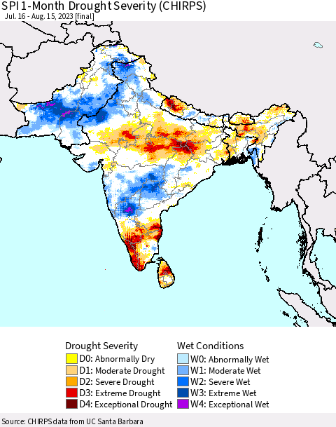 Southern Asia SPI 1-Month Drought Severity (CHIRPS) Thematic Map For 7/16/2023 - 8/15/2023