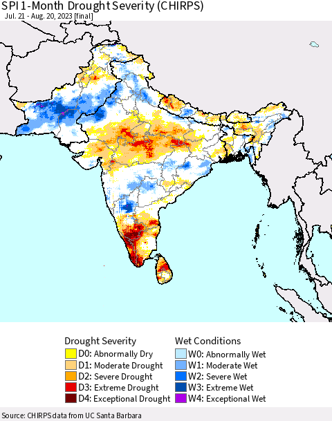 Southern Asia SPI 1-Month Drought Severity (CHIRPS) Thematic Map For 7/21/2023 - 8/20/2023