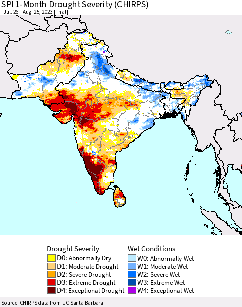 Southern Asia SPI 1-Month Drought Severity (CHIRPS) Thematic Map For 7/26/2023 - 8/25/2023