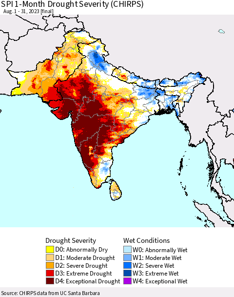 Southern Asia SPI 1-Month Drought Severity (CHIRPS) Thematic Map For 8/1/2023 - 8/31/2023