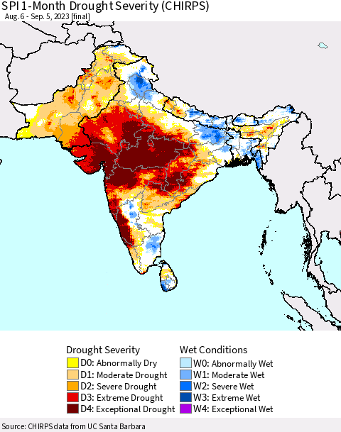 Southern Asia SPI 1-Month Drought Severity (CHIRPS) Thematic Map For 8/6/2023 - 9/5/2023