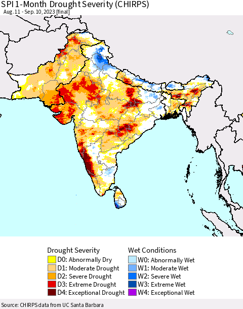 Southern Asia SPI 1-Month Drought Severity (CHIRPS) Thematic Map For 8/11/2023 - 9/10/2023