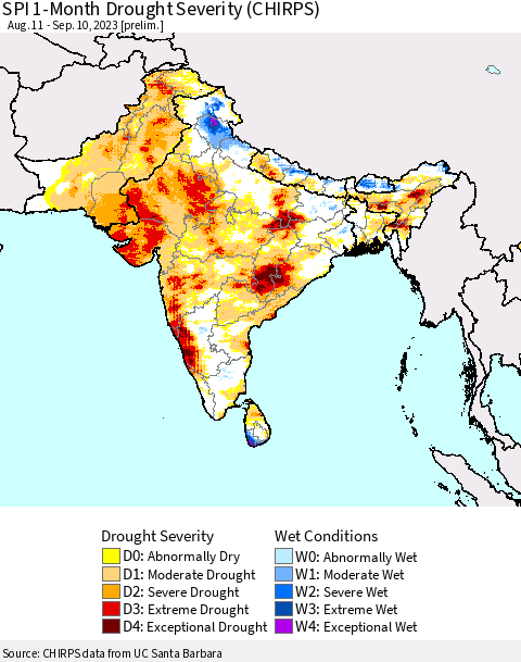 Southern Asia SPI 1-Month Drought Severity (CHIRPS) Thematic Map For 8/11/2023 - 9/10/2023