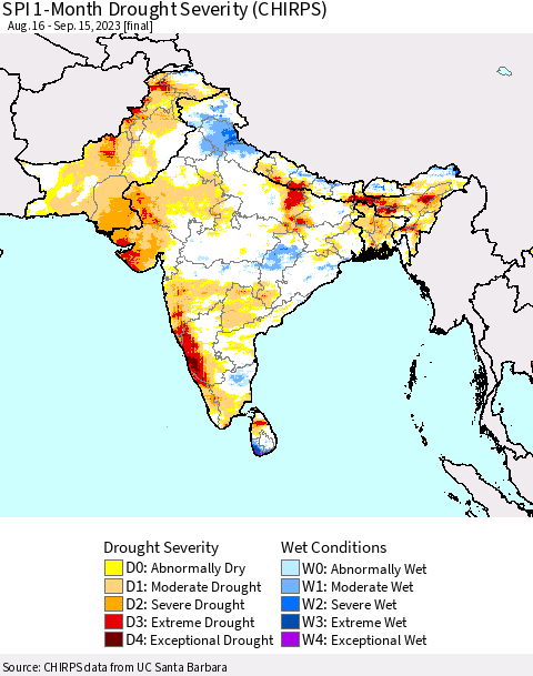 Southern Asia SPI 1-Month Drought Severity (CHIRPS) Thematic Map For 8/16/2023 - 9/15/2023